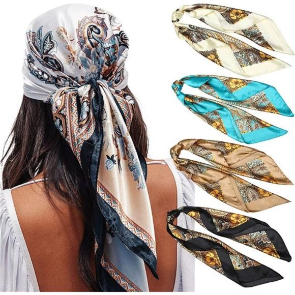 4 Pack 35” Satin Large Square Head Scarves Silk Like Scarf Hair Sleeping Wraps L - Picture 1 of 6